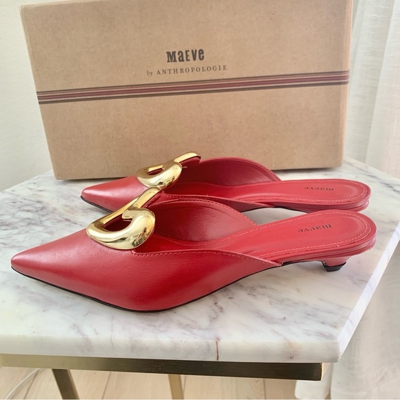 ❤️ ANTHROPOLOGIE Maeve Red Gold Heart Mule Kitten Heels Genuine Leather - Picture 8 of 12